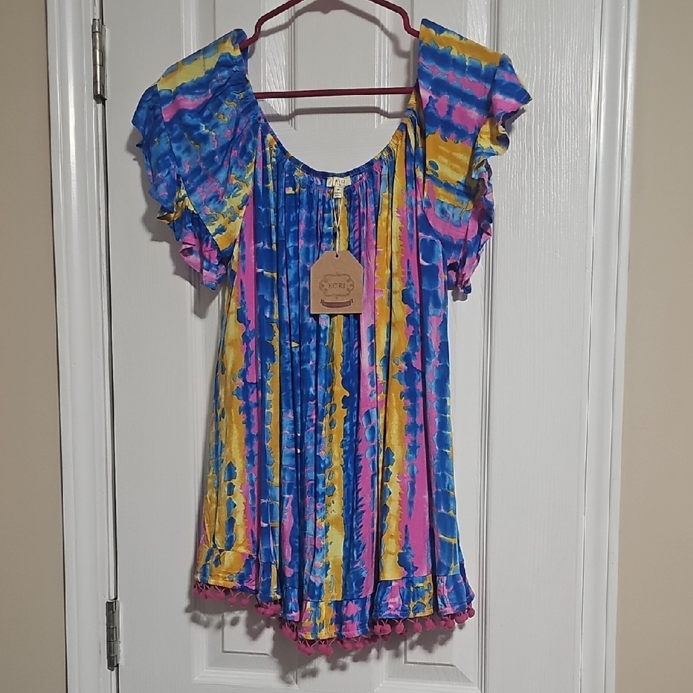 Colorful Tie-Dye Blouse with Ruffle Sleeves KORO pom Poms On Bottom NWT